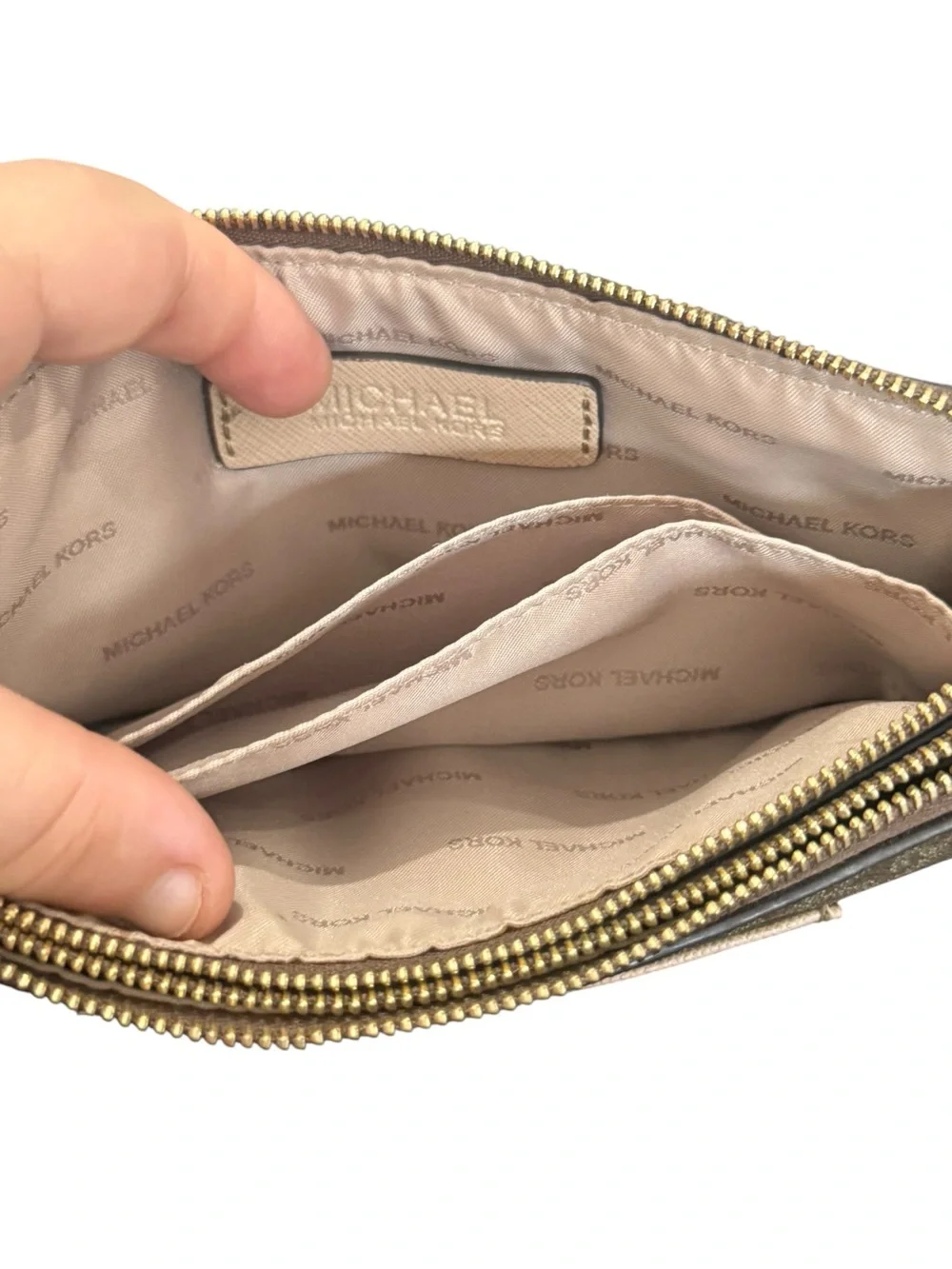 Michael Kors Tan Logo Wristlet Clutch with Cream Accent